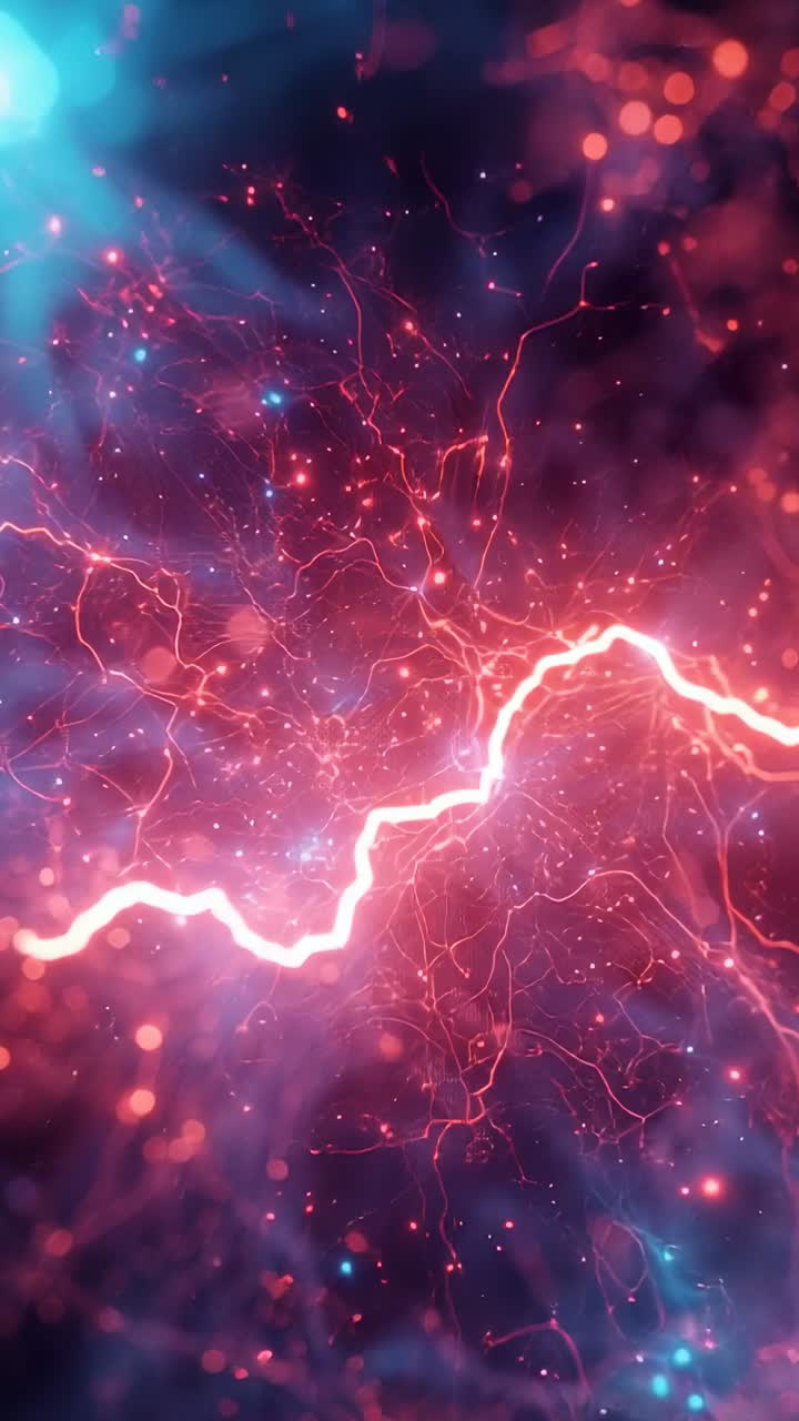 Vertical video: Pulsing strand sending light along tendrils in void, revealing red and blue sparks