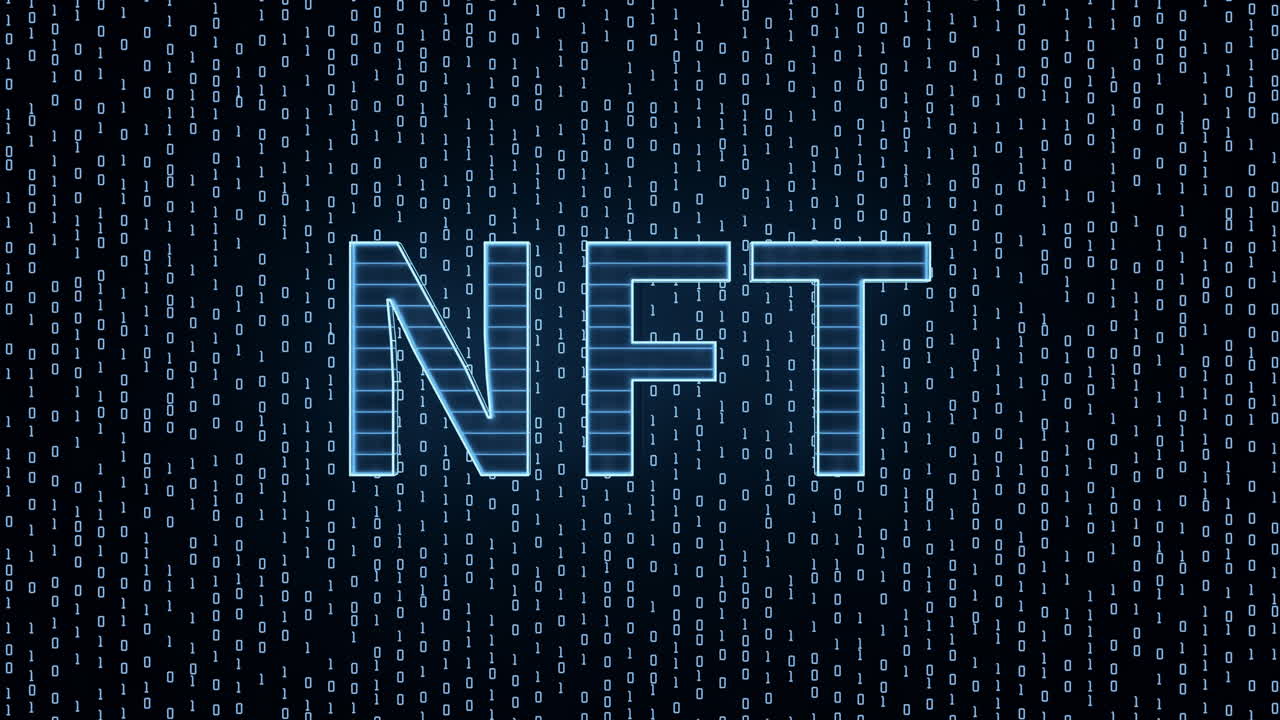 concepto de tokens no fungibles nft con fondo oscuro, renderización en 3d.