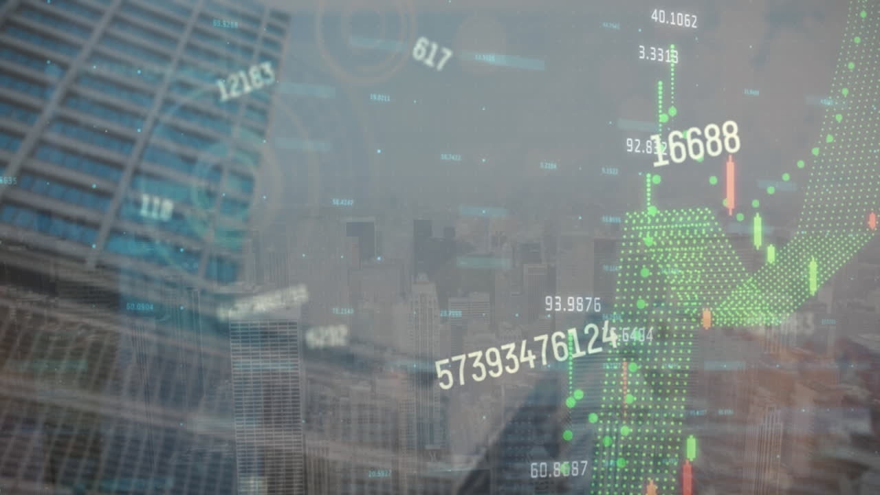 도시 풍경 위의 금융 데이터 처리 애니메이션