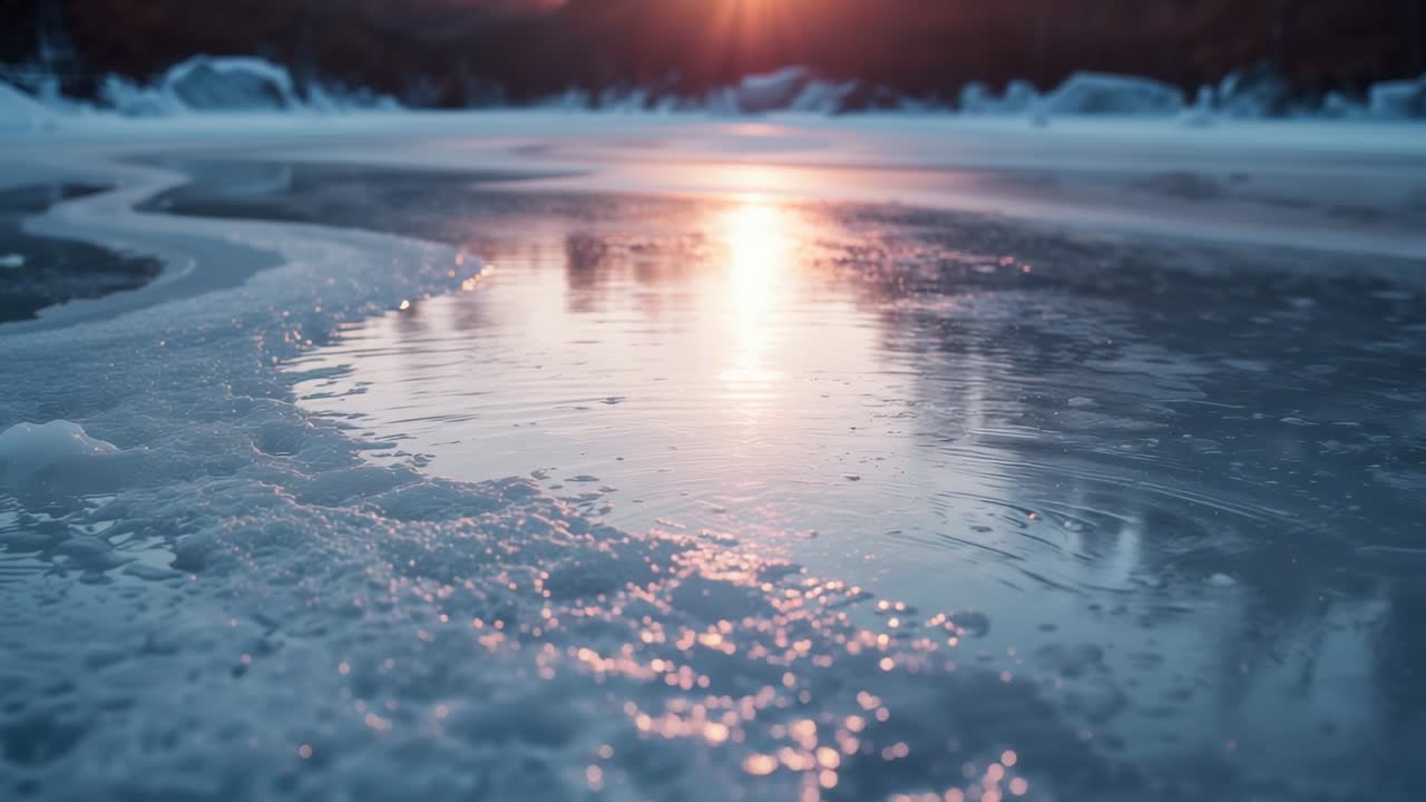 Sun rising over frozen lake warming thin ice at forest clearing, forming meltwater pools