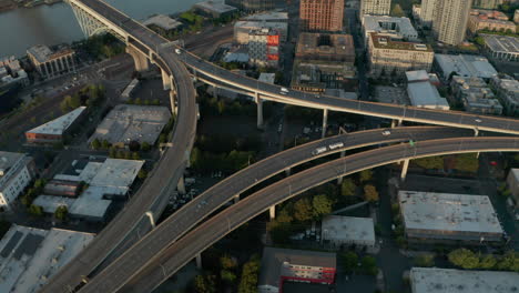 overhead aerial shot over large car bridge approach intersection portland usa