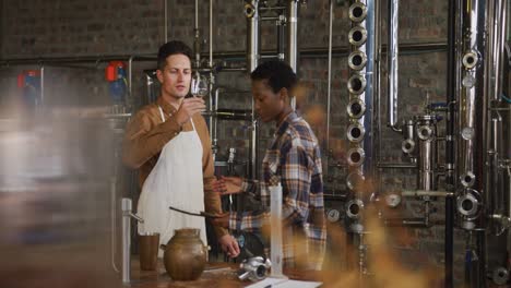 diverse male and female colleague at gin distillery inspecting product, woman using tablet