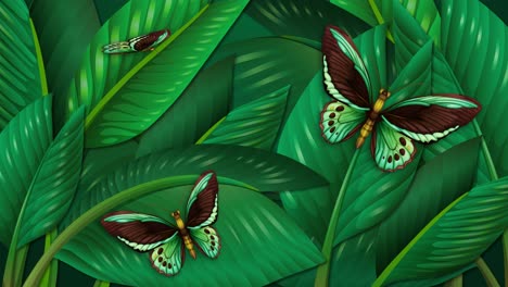 butterflies interacting with vibrant green leaves.