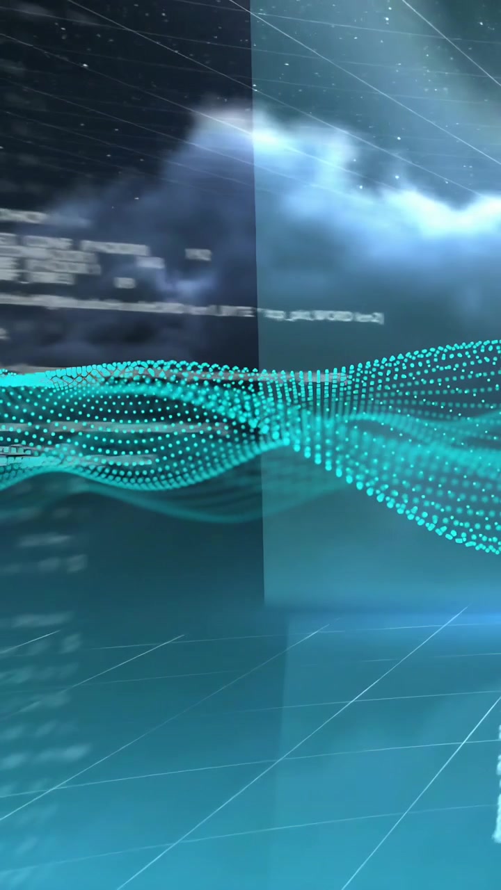 Vertical video: Incoming teal waveform merging into humanoid, arm reaching, showing data