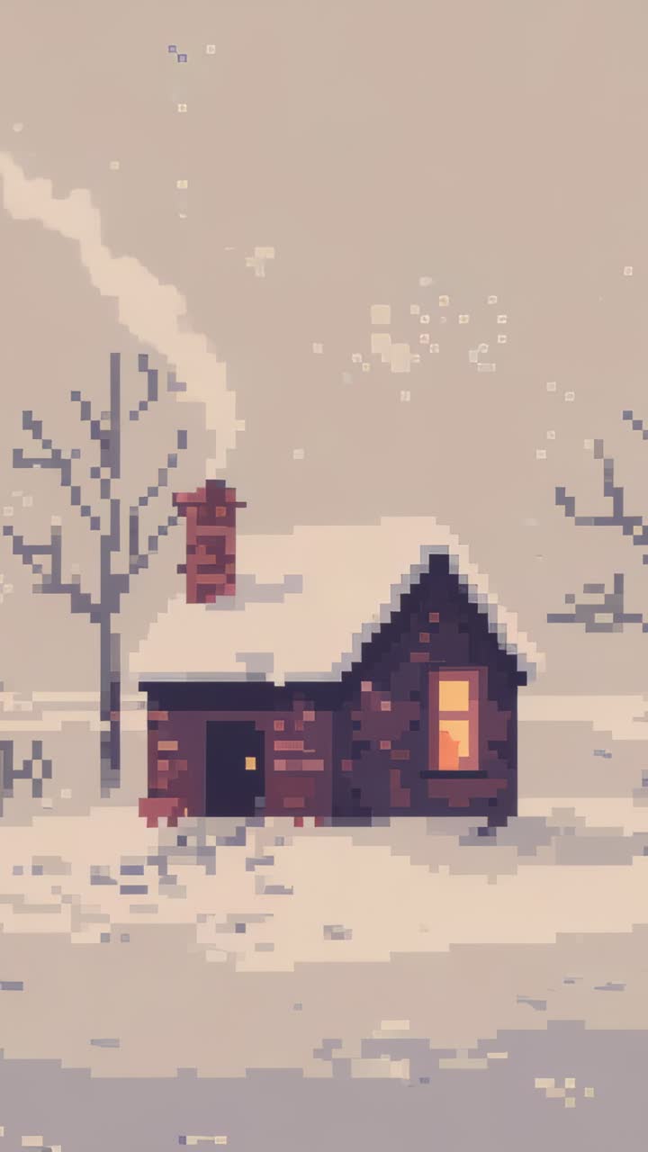 Vertical video: Sending chimney plume, brick cottage heating with glowing window in snowy field