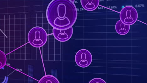 Animation of purple user icons network over digital data charts background