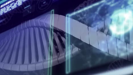 animation of dna strand over data processing on black background