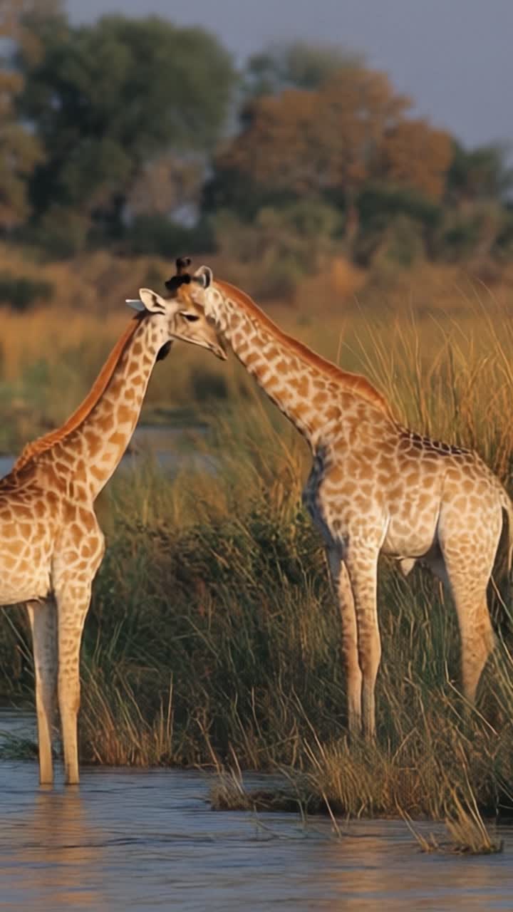 A Tender Moment Between Two Giraffes in a Serene Habitat, Showcasing Their Unique Connection Amidst Tall Grass and Reflective Waters
