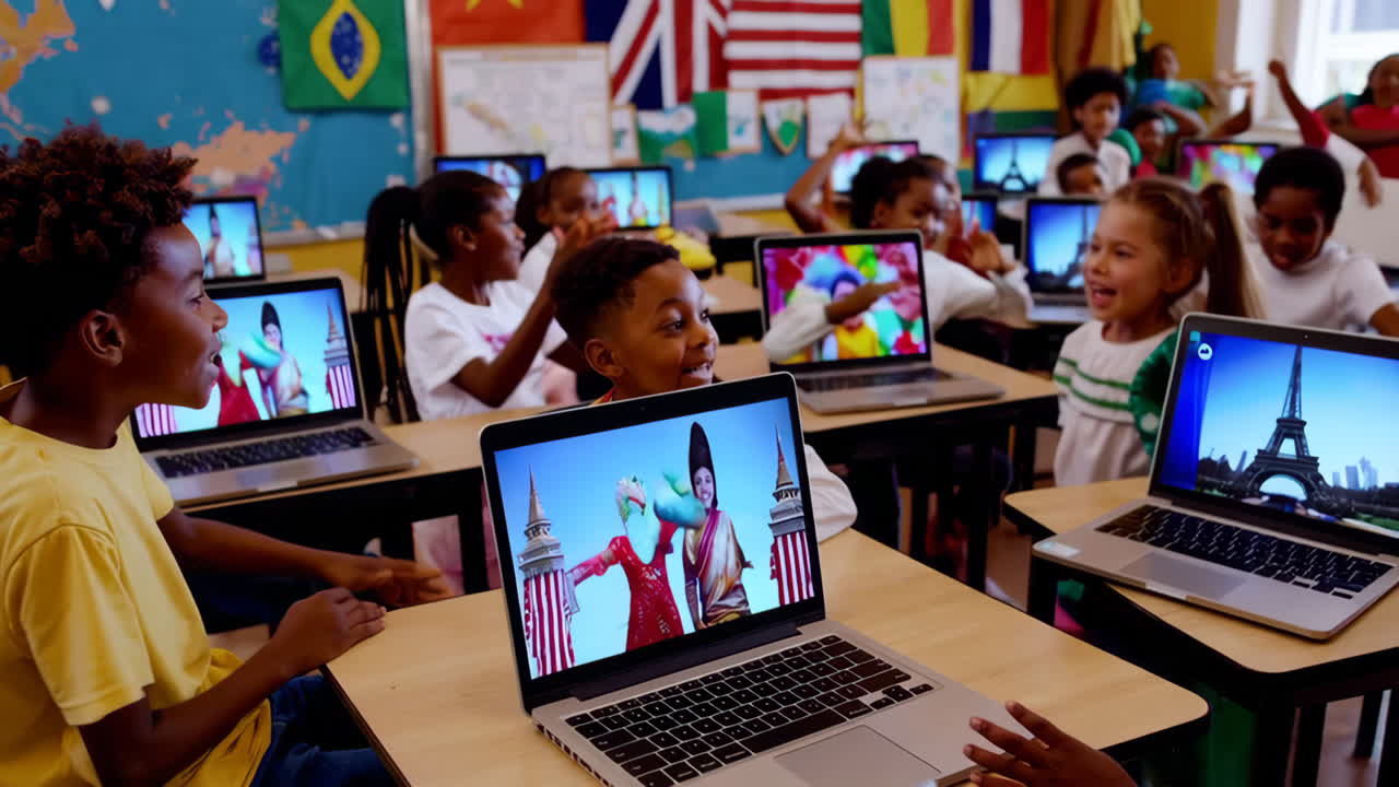 Diverse Children Engaged in Digital Learning in a Multicultural Classroom