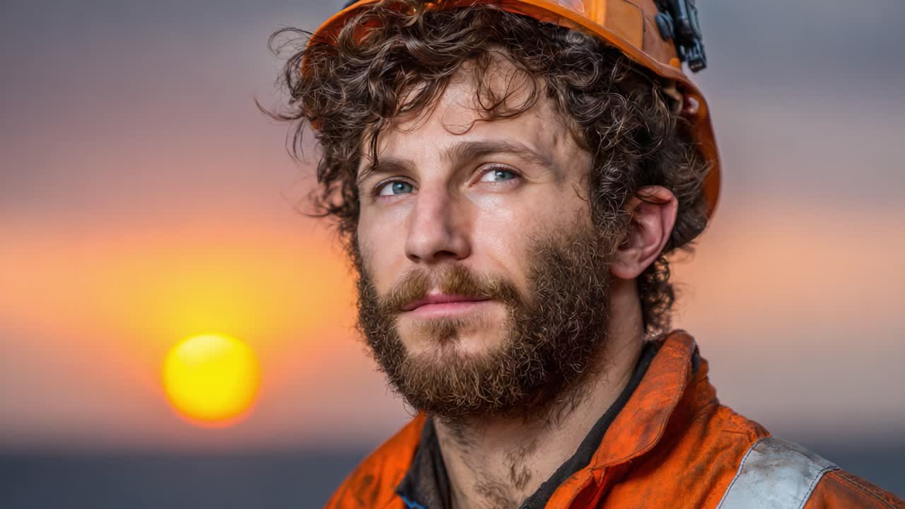 Portrait of a rugged worker with a beard and curly hair, wearing an orange safety helmet and jacket, gazing thoughtfully into the sunset over a serene ocean landscape