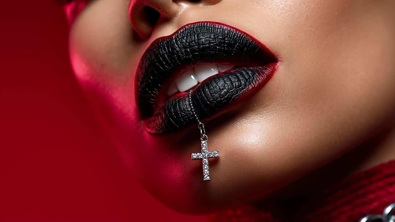 A close up of a woman's face with a cross on her nose