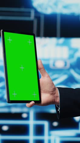 vertical video professional man ensures artificial intelligence algorithms with mockup screen