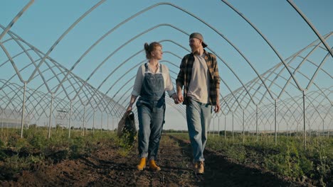 Happy-couple-of-farmers,-a-girl-with-red-hair-and-her-boyfriend-in-a-plaid-shirt-are-walking-along-an-earthen-path-along-a-farm-with-plants-and-a-field