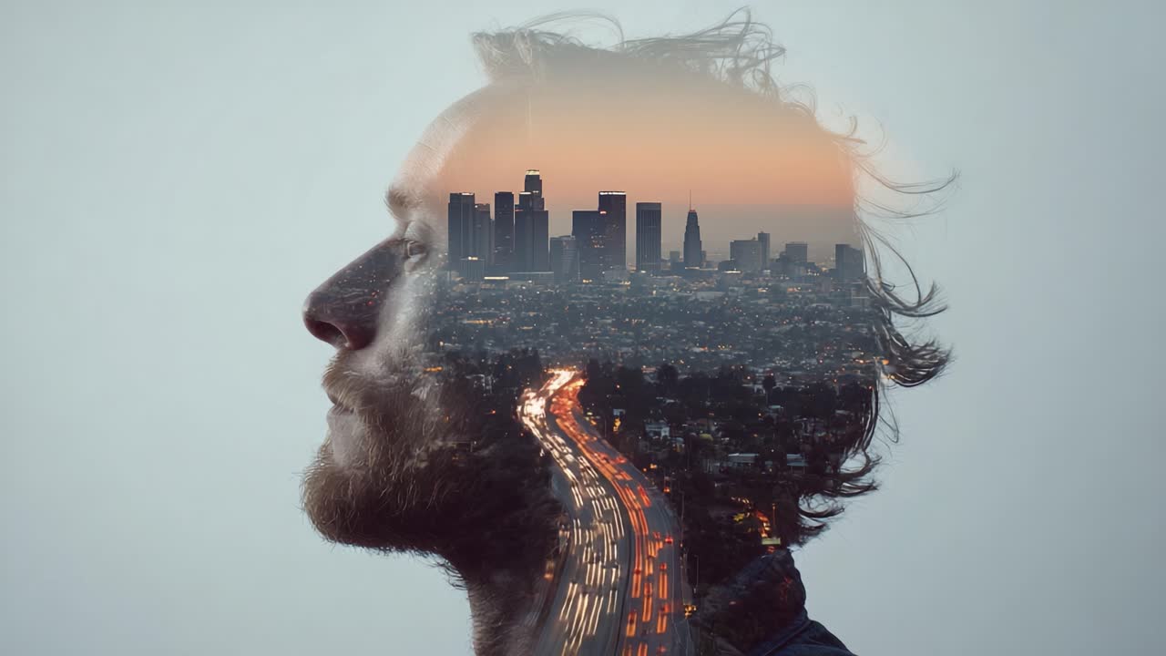 Un'esplorazione surreale di urbanizzazione e identità: l'armonia tra umanità e paesaggi urbani in un ritratto a doppia esposizione.