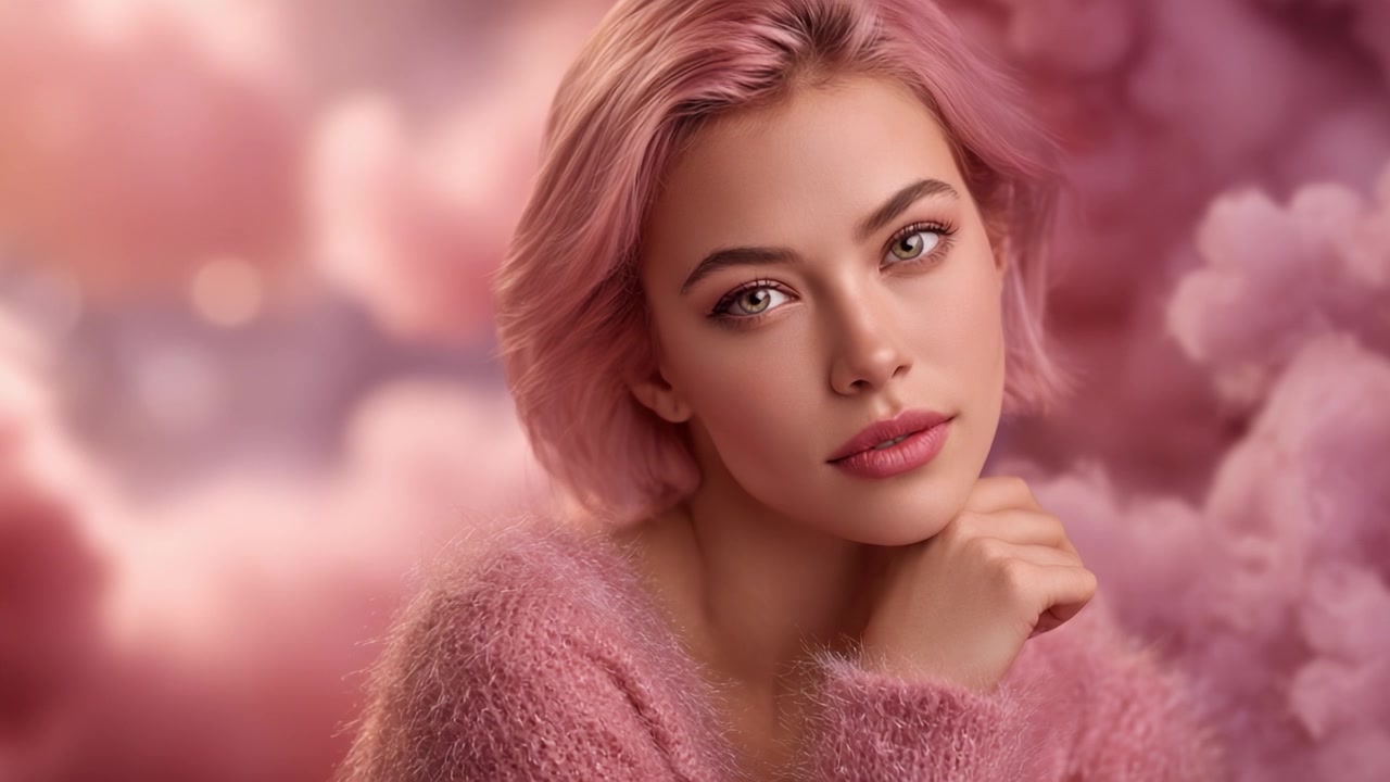 Ritratto accattivante di una giovane donna con capelli rosa su uno sfondo di nuvole rosa sognanti, che mette in risalto lineamenti delicati e bellezza naturale in una luce elegante.