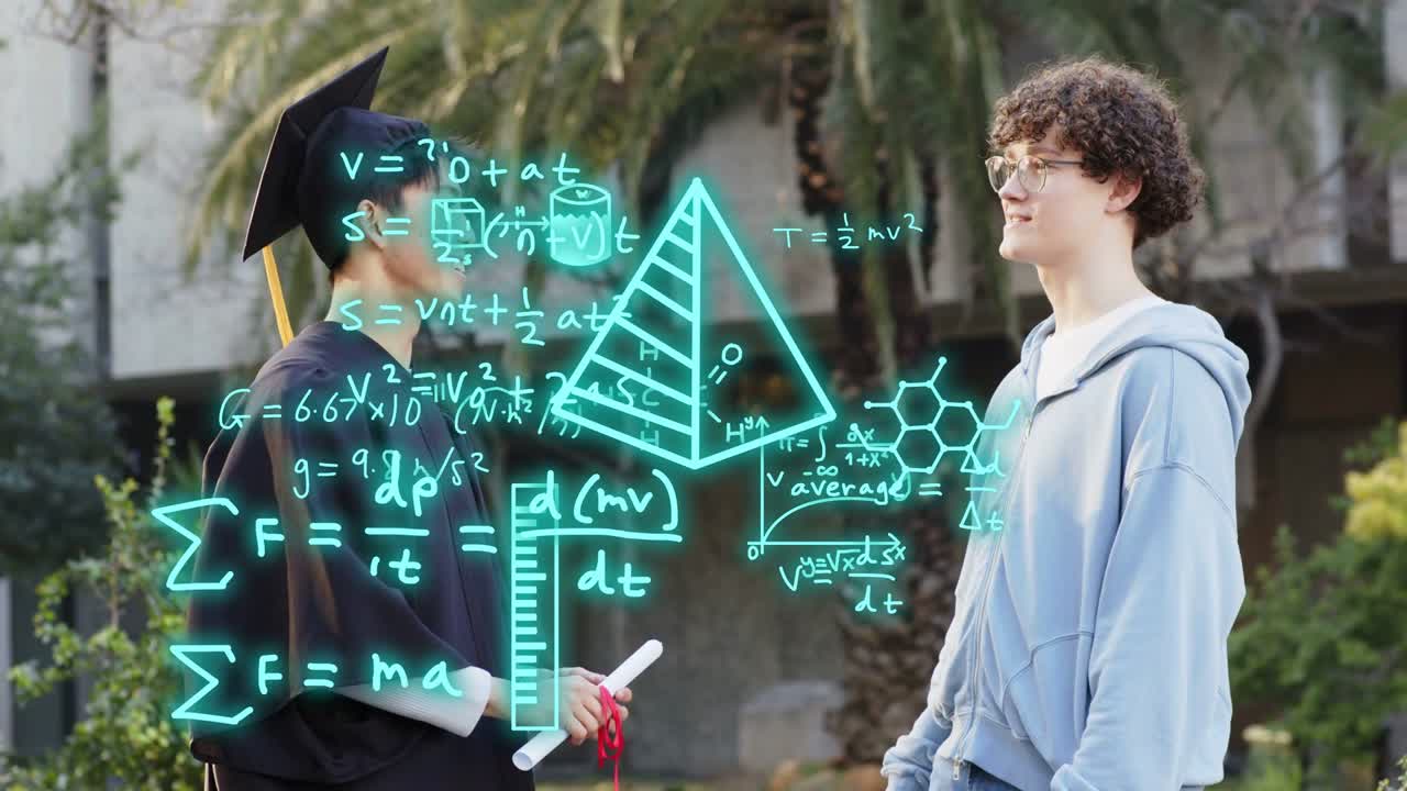 Grad gesturing with diploma celebrating and sparking AR edu graphics overlaying math, DNA, graphs