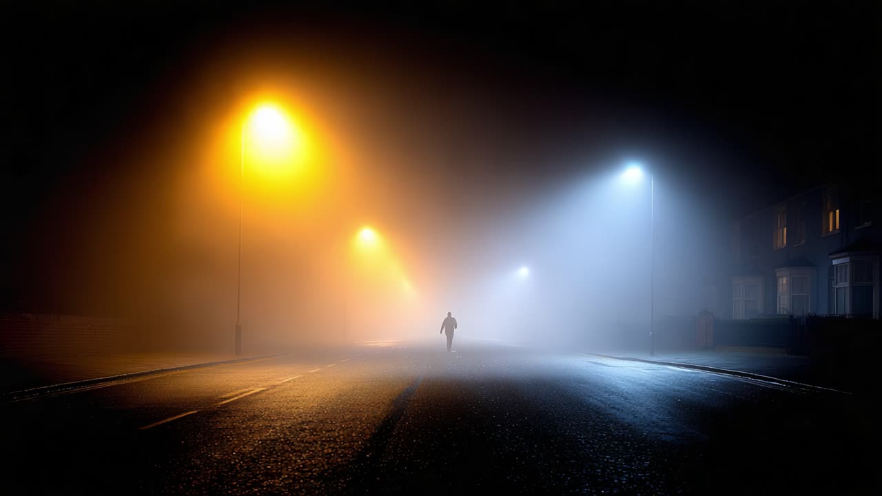 A solitary figure walks through a dense fog, illuminated by streetlights, creating a mysterious and atmospheric scene that highlights the interplay of light and shadows in urban environments