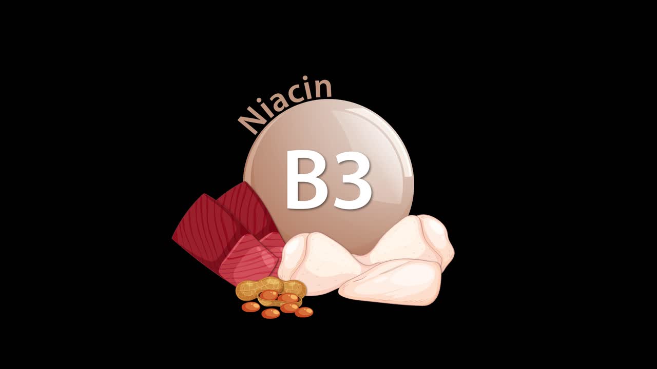 A smooth animation reveals a Vitamin B3 (Niacin) icon surrounded by illustrated food sources, set against a clean black background with minimal transitions