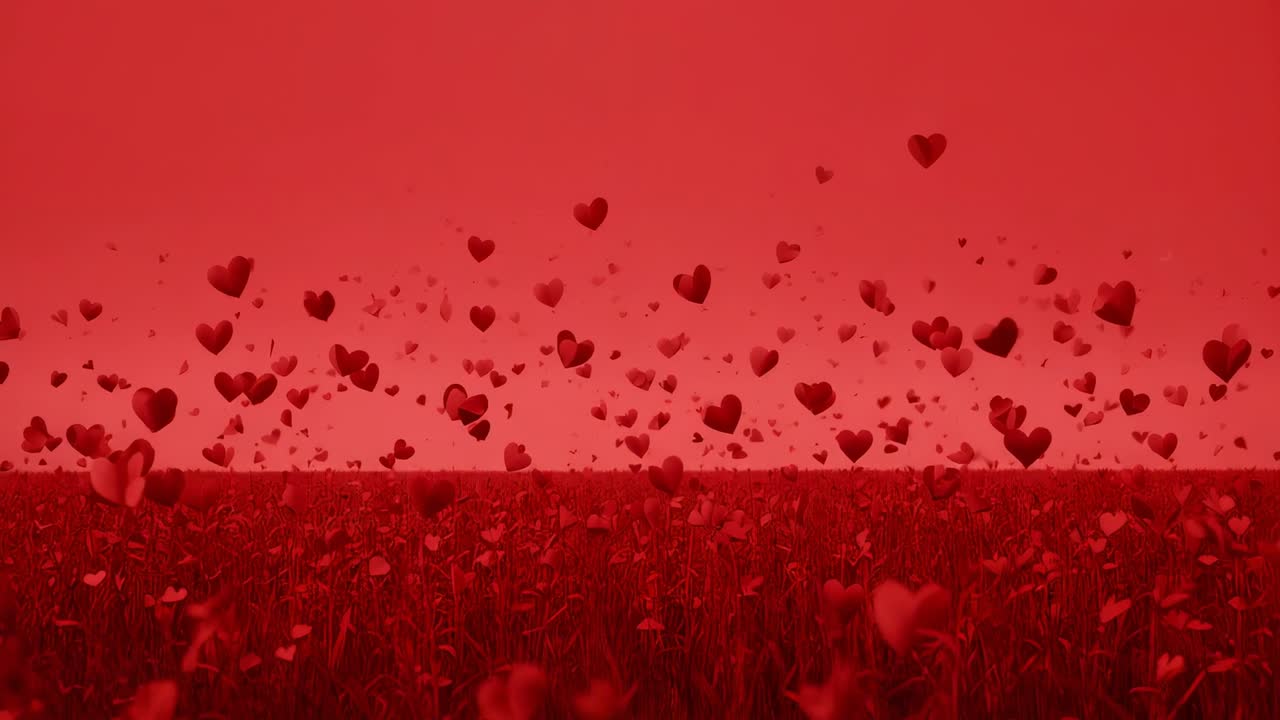 Gruppo a forma di cuore che sale fluttuando sopra un prato rosso, brezza che solleva i cuori dalla vegetazione