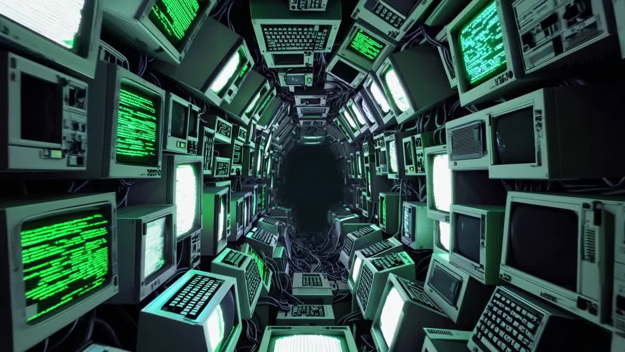 Futuristic tunnel filled with vintage computers and glowing screens, showcasing a mesmerizing flow of digital data and technology in a captivating visual journey