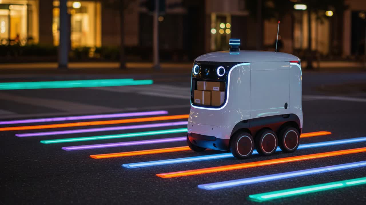 A futuristic delivery robot navigating vibrant crosswalks at night, showcasing advanced technology and innovative design in urban transportation and logistics solutions