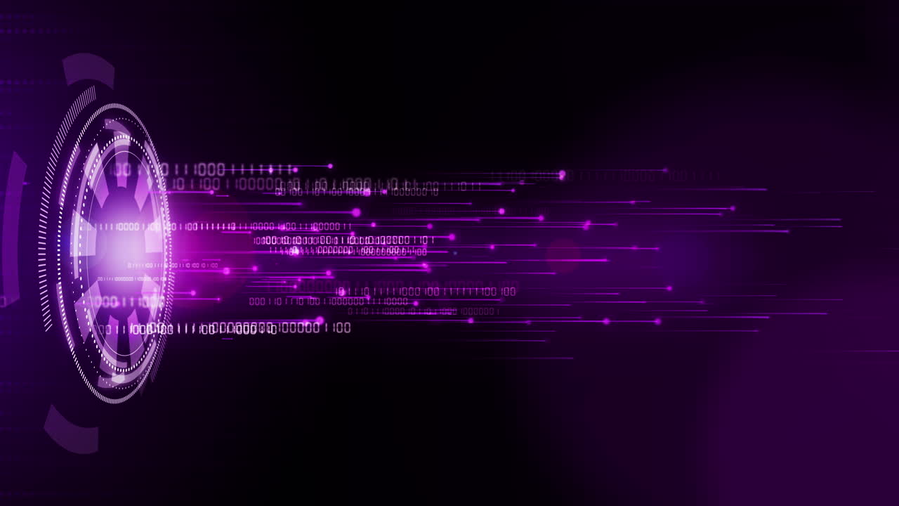Technological hi-tech purple background with round HUD element. Moving bright rays of light with digital binary code. Looped animation.