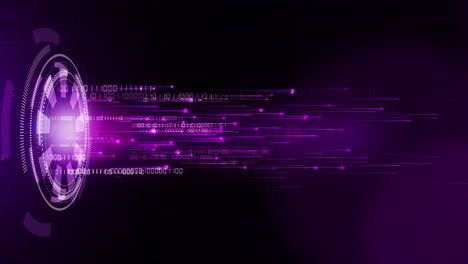 technological hi-tech purple background with round hud element. moving bright rays of light with digital binary code. looped animation.