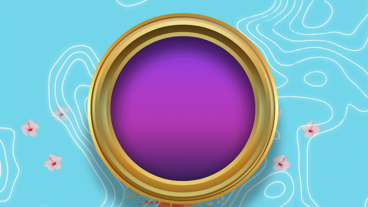 animación de un círculo púrpura en un marco dorado girando sobre un fondo azul estampado