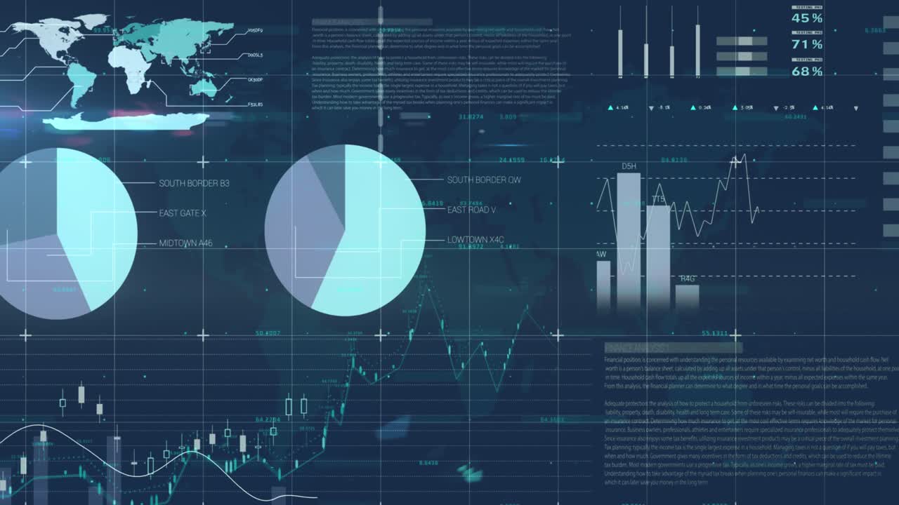 Animation of statistical data processing over grid network against world map on blue background