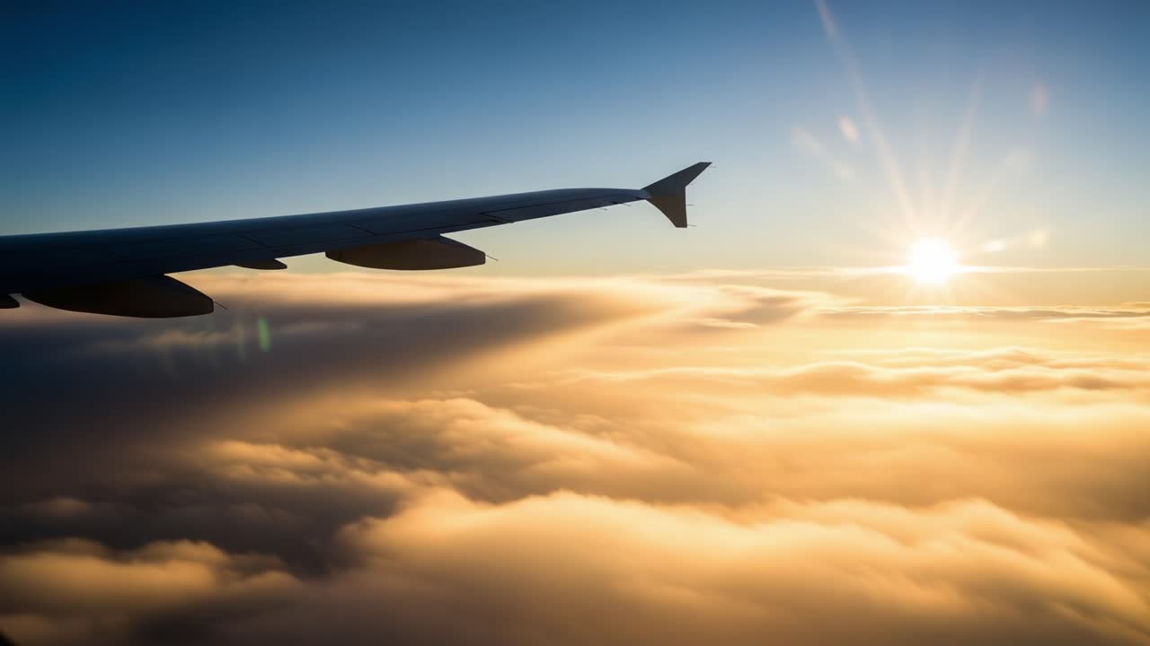 Aerial View of Airplane Wing Surrounded by Soft Clouds and Dazzling Sunlight, Capturing the Beauty of Flight Above the Horizon in a Serene Sky