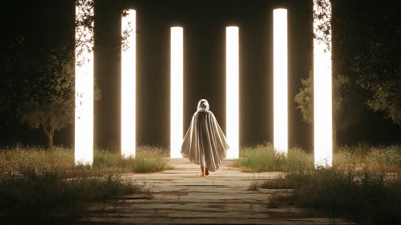 A hooded figure walks towards illuminated columns in a serene landscape