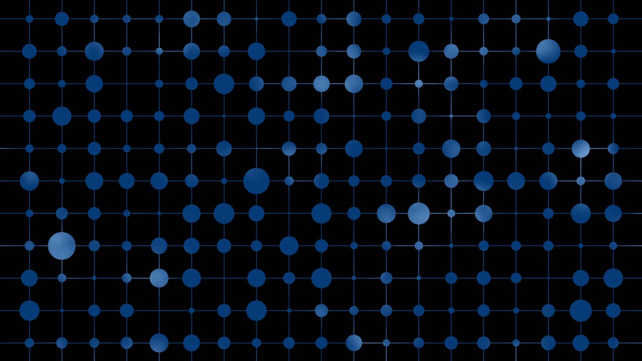 Loopable blue dot grid on black background, pulsing circles of changing sizes in grid formation, rhythmic digital pattern for modern presentations