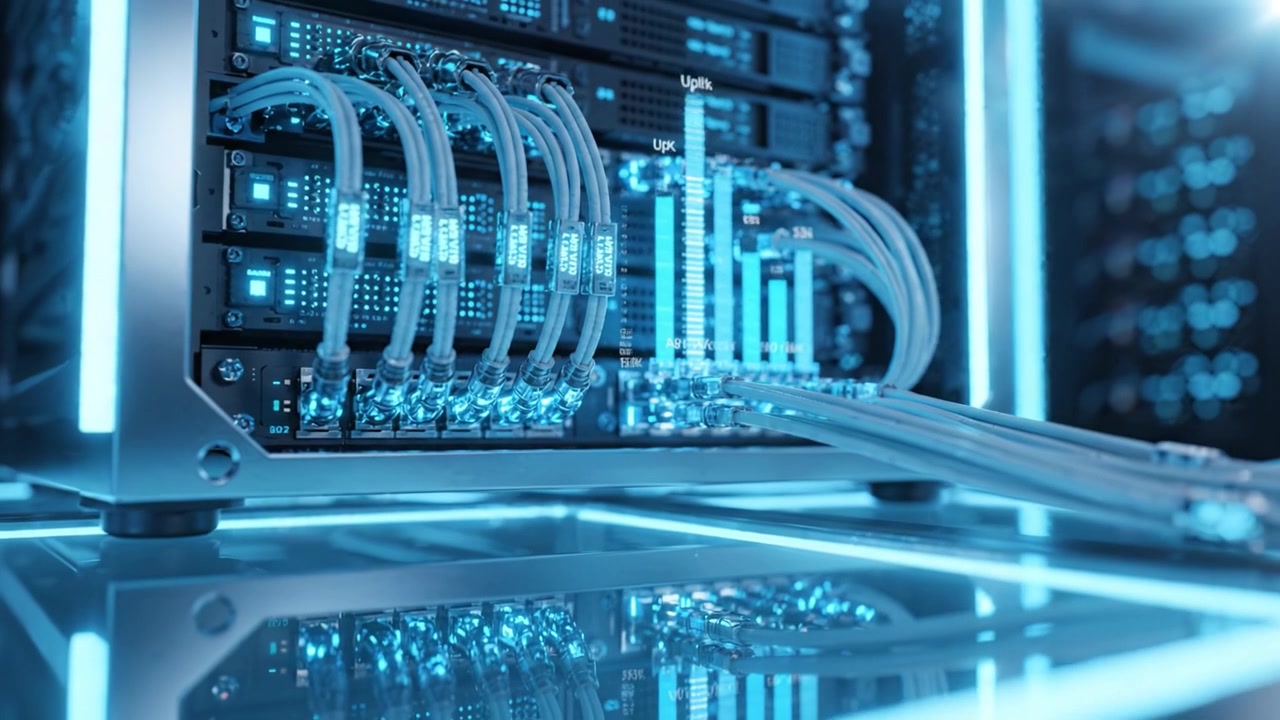 High-Tech Data Center: Illuminated Server Rack with Fiber Optic Connections and Network Cables in a Modern Digital Environment
