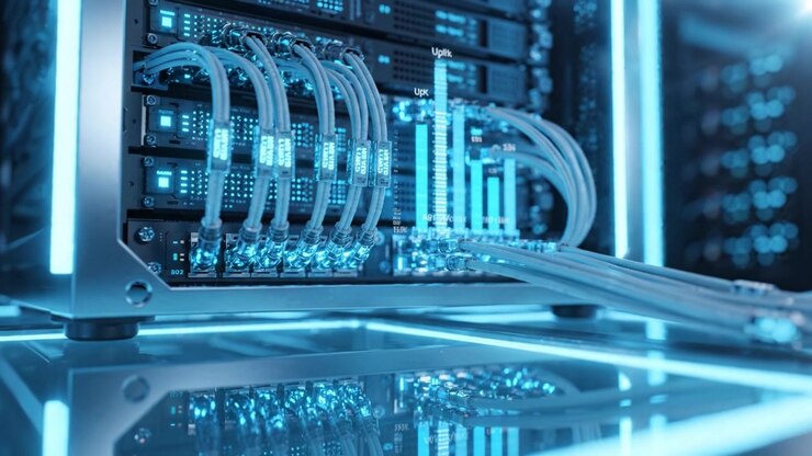 High-Tech Data Center: Illuminated Server Rack with Fiber Optic Connections and Network Cables in a Modern Digital Environment