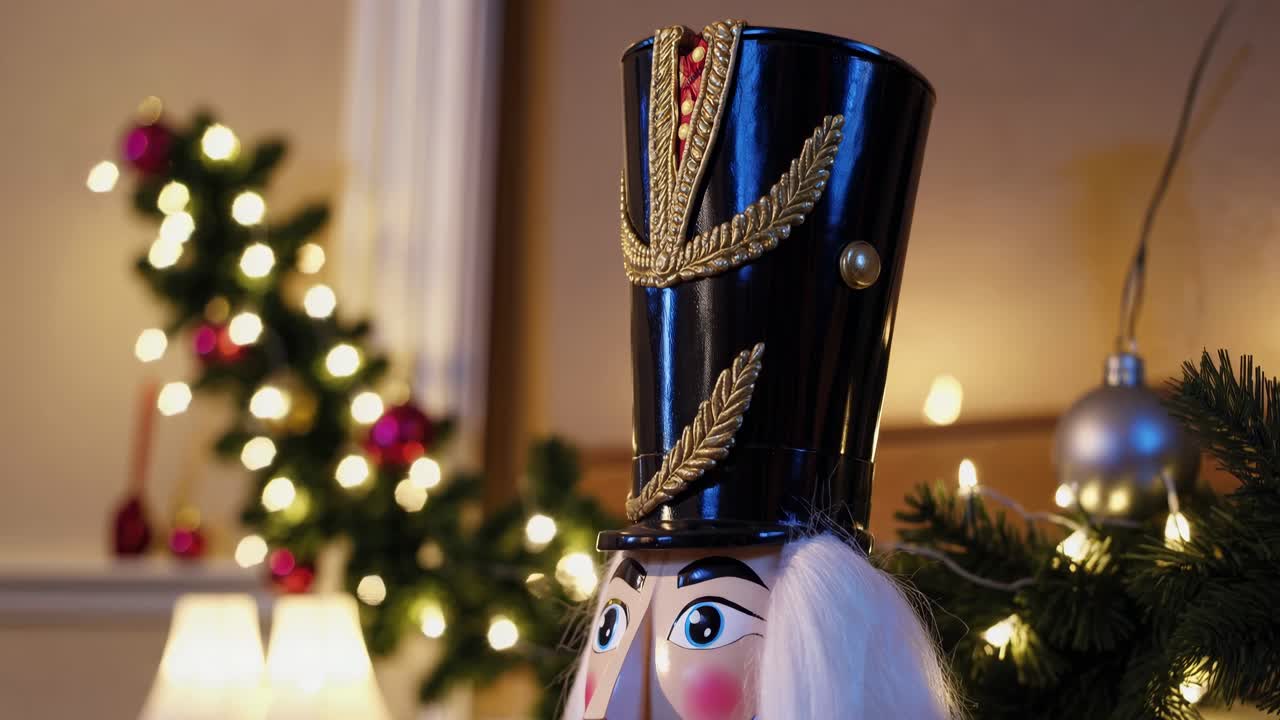 Festive close-up of a nutcracker soldier, surrounded by twinkling lights and ornaments