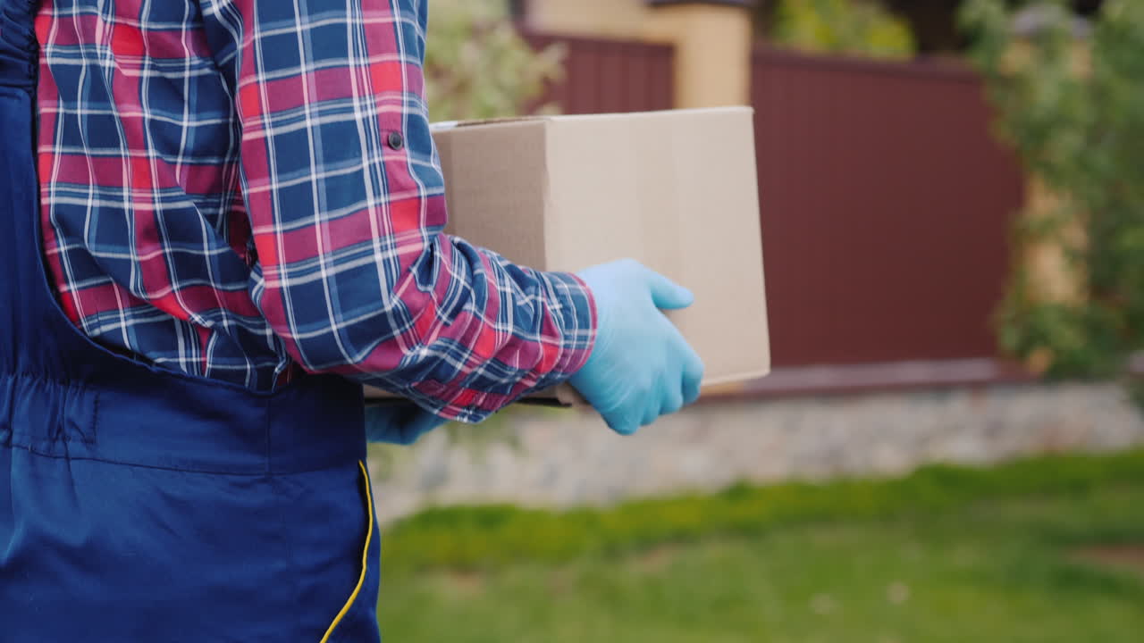 A Courier With A Parcel Walks Along The Street 1