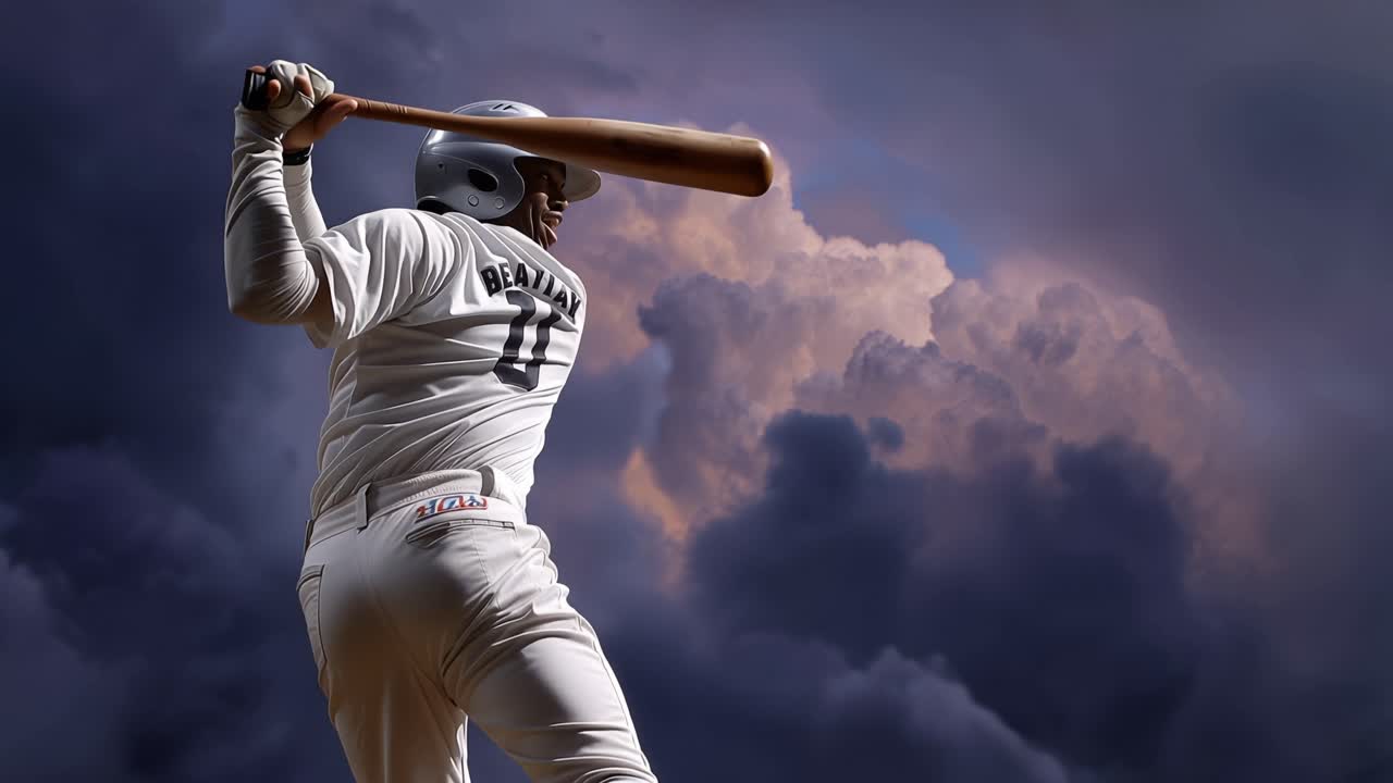 Un giocatore di baseball è in posa, pronto a colpire. Nuvole vorticano drammaticamente dietro di lui, dense di azione imminente. Il suo sguardo concentrato suggerisce anticipazione, forza e determinazione.