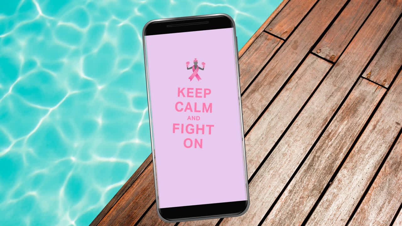 animación del logotipo de la cinta rosa del cáncer de mama con el texto del cáncer de mama en la pantalla del teléfono inteligente