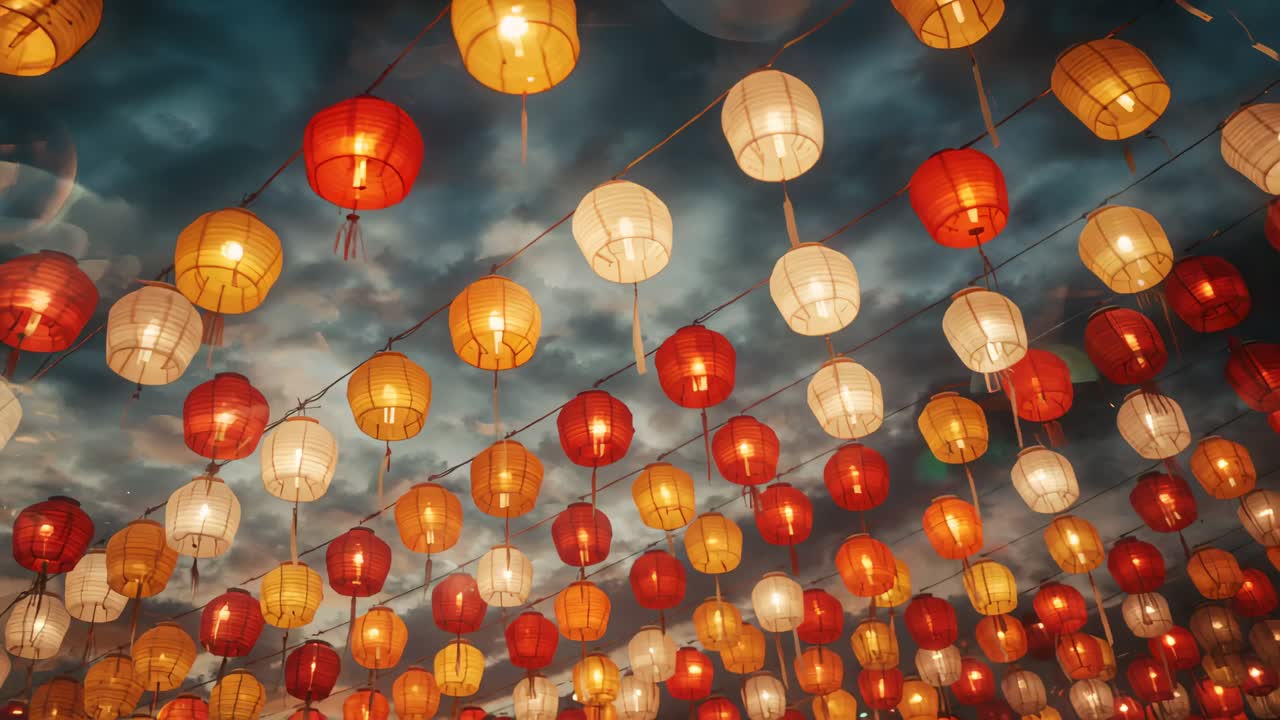 Tilting camera revealing paper lantern canopy swaying over dusk plaza, making warm glow and tassels