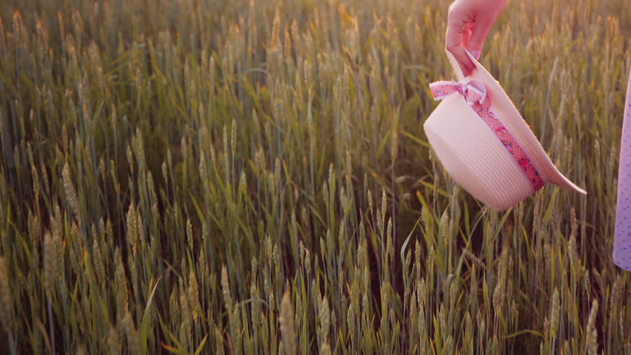 녹색 들판을 따라 걷는 낭만적인 여성이 여름 모자를 손에 들고 4k 비디오