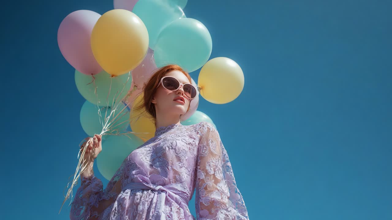 A Fashionable Young Woman in a Lavender Dress Holding Colorful Balloons Against a Bright Blue Sky, Radiating Joy and Confidence with Her Stylish Sunglasses and Playful Pose