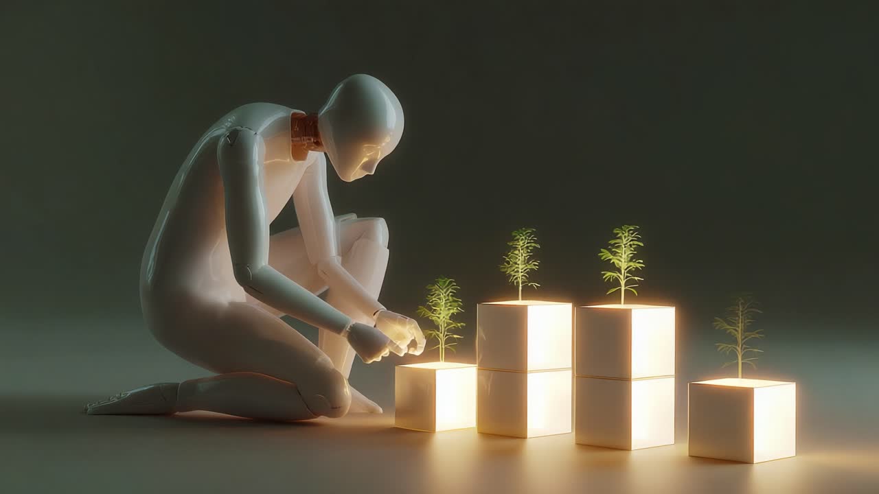 A humanoid figure focuses on nurturing small plants, demonstrating the intersection of technology and nature in a serene, illuminated setting that highlights growth and innovation through art