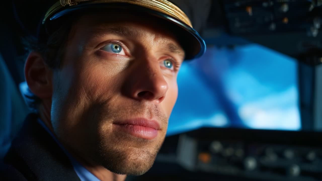 Close-up of a focused pilot in the cockpit, showcasing determination and professionalism with an emphasis on the cockpit controls and deep blue background