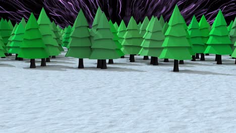 Multiple-trees-icons-on-winter-landscape-over-purple-light-trails-bursting-against-blue-background