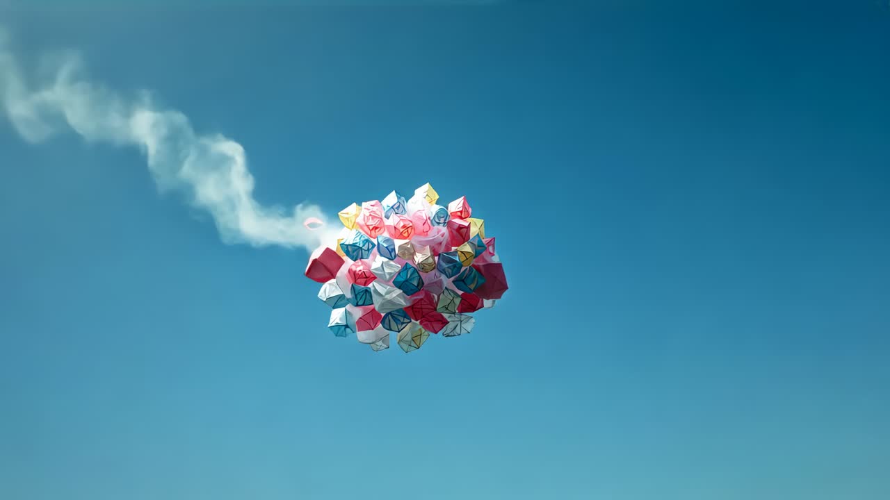 Drifting bright origami cluster centering after plume from left, sending red cube against blue sky