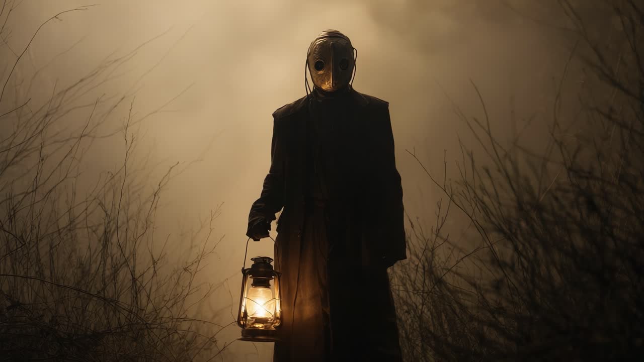 Mysterious Figure with Lantern in Fog: An Enigmatic Presence Emerges from the Shadows, Illuminating the Darkness with its Eerie Glow and Captivating Silhouette