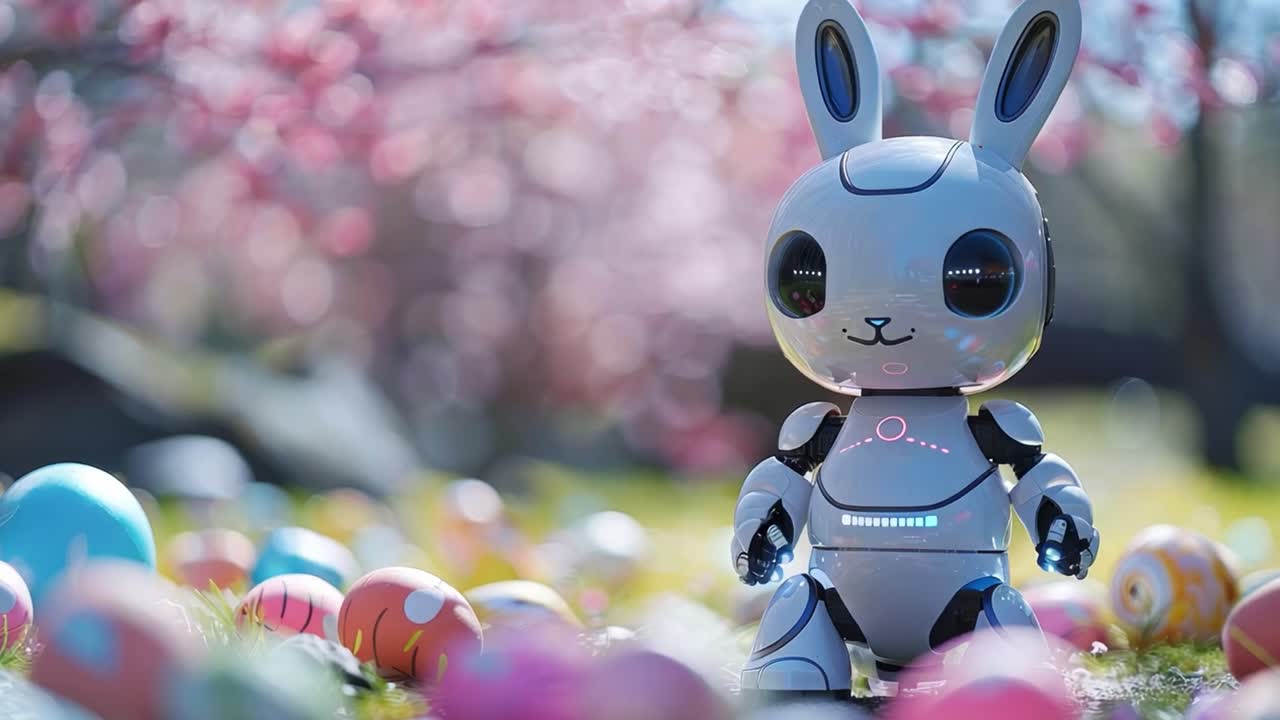 Coniglio robot tra uova di Pasqua e fiori di ciliegio