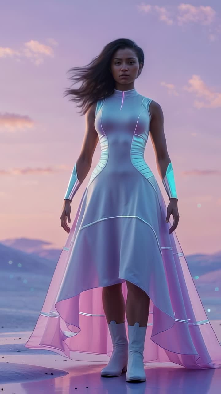 Vertical video: Responding to sky shifting at dusk, woman on plain showing pulsing gown panels