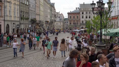 crowded street scene in old european city