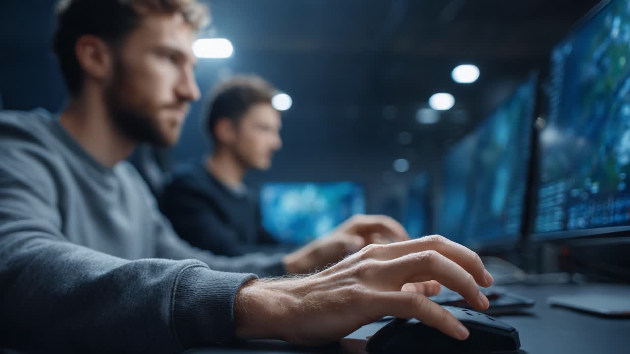 Focused Gamers Engaged in Competitive Gaming at High-Tech Computers with Multiple Monitors in a Dynamic Digital Environment